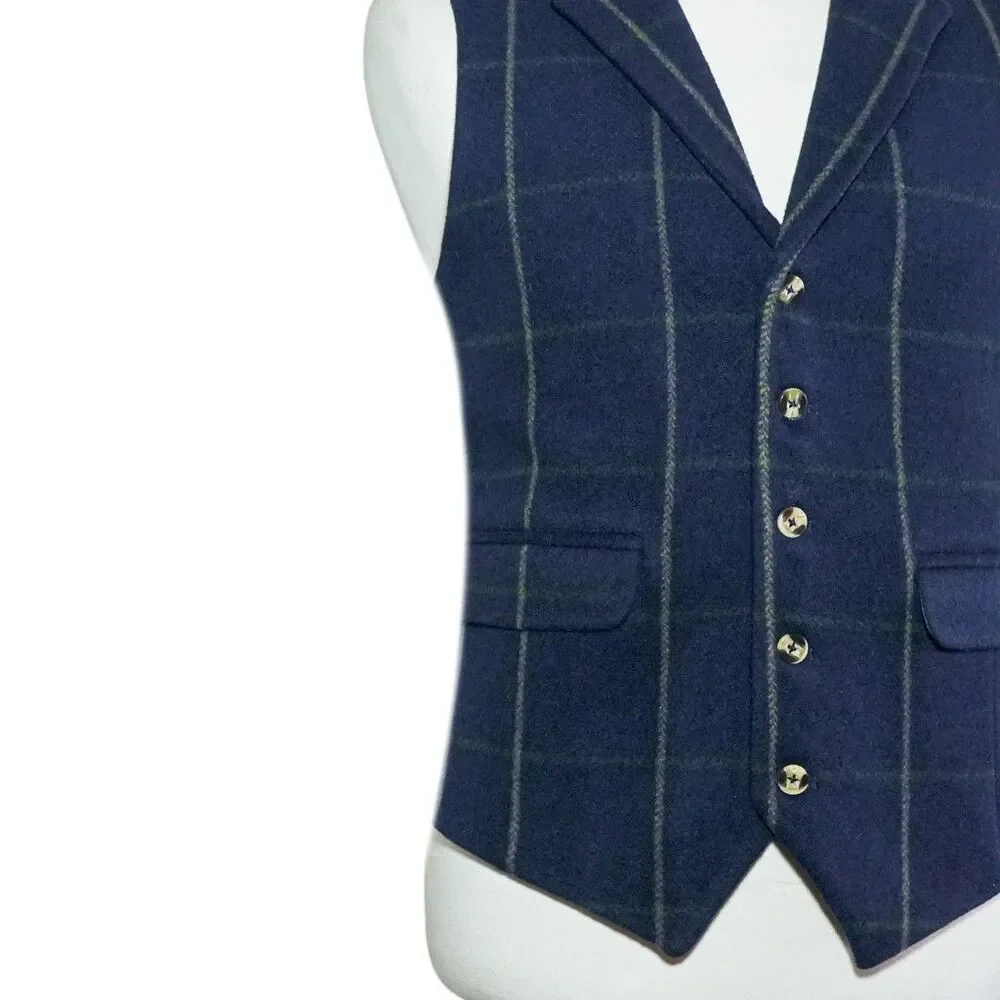 Mens 46R Wool Vest Navy Blue Windowpane Check Waistcoat Preppy Formal Casual
